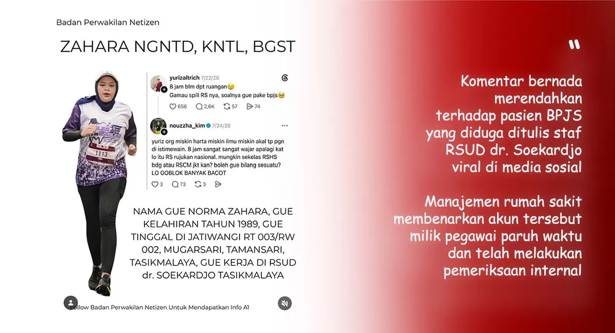 Komentar merendahkan pasien BPJS viral, RSUD dr. Soekardjo Tasikmalaya turun tangan. Manajemen melakukan pemeriksaan internal terhadap staf terkait. (Tangkapan layar medsos)