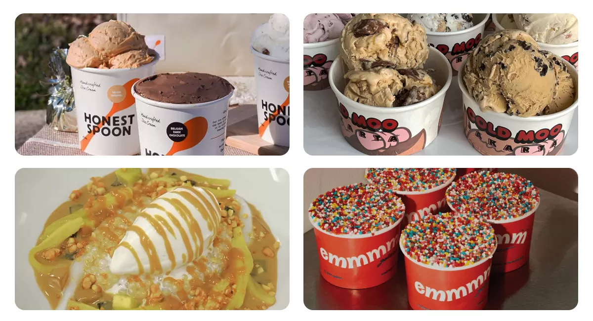 Es krim Jakarta Selatan punya banyak pilihan menarik. Coba Honest Spoon, Cold Moo, Paris Sorbet, hingga Em Gelato untuk menikmati dessert yang menyegarkan.   (Instagram/honest_spoon - coldmoojkt - paris.sorbet - em.gelato)