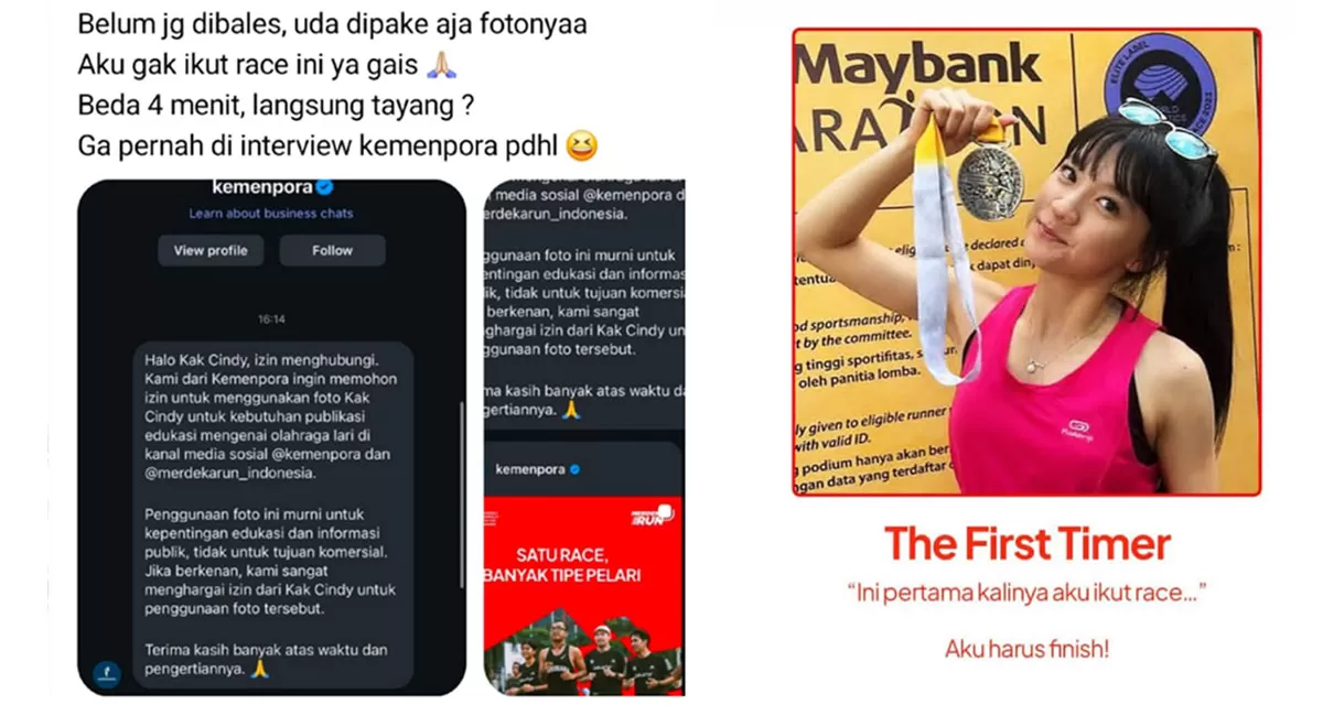 Cindy Gulla memprotes penggunaan fotonya oleh Kemenpora untuk promosi event lari. Ia mengaku belum memberi izin dan tidak ikut race tersebut. (Threads/cgulla)