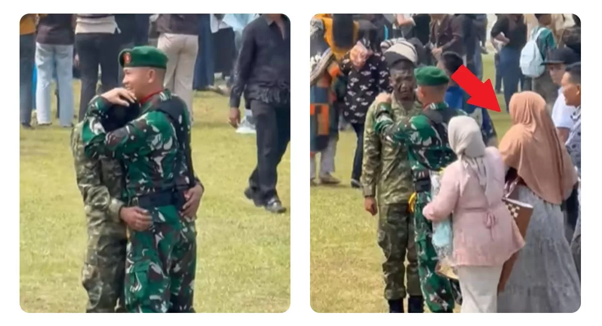 Prajurit TNI viral karena dipeluk komandan saat kelulusan. Ternyata emaknya ada di lokasi, tetapi sempat tak mengenali anaknya yang wajahnya penuh loreng. (TikTok.com/oketa)