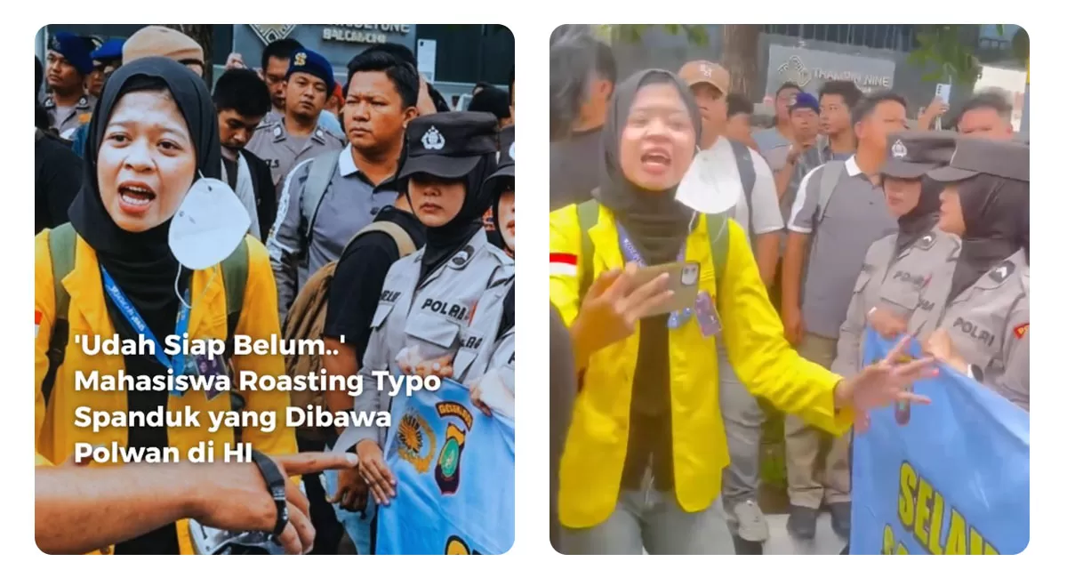 Momen BEM UI roasting polwan di Thamrin mencuri perhatian. Mahasiswa menyoroti spanduk "kami siap melayani" yang dibentangkan polisi. (Instagram.com/thejakartawave)