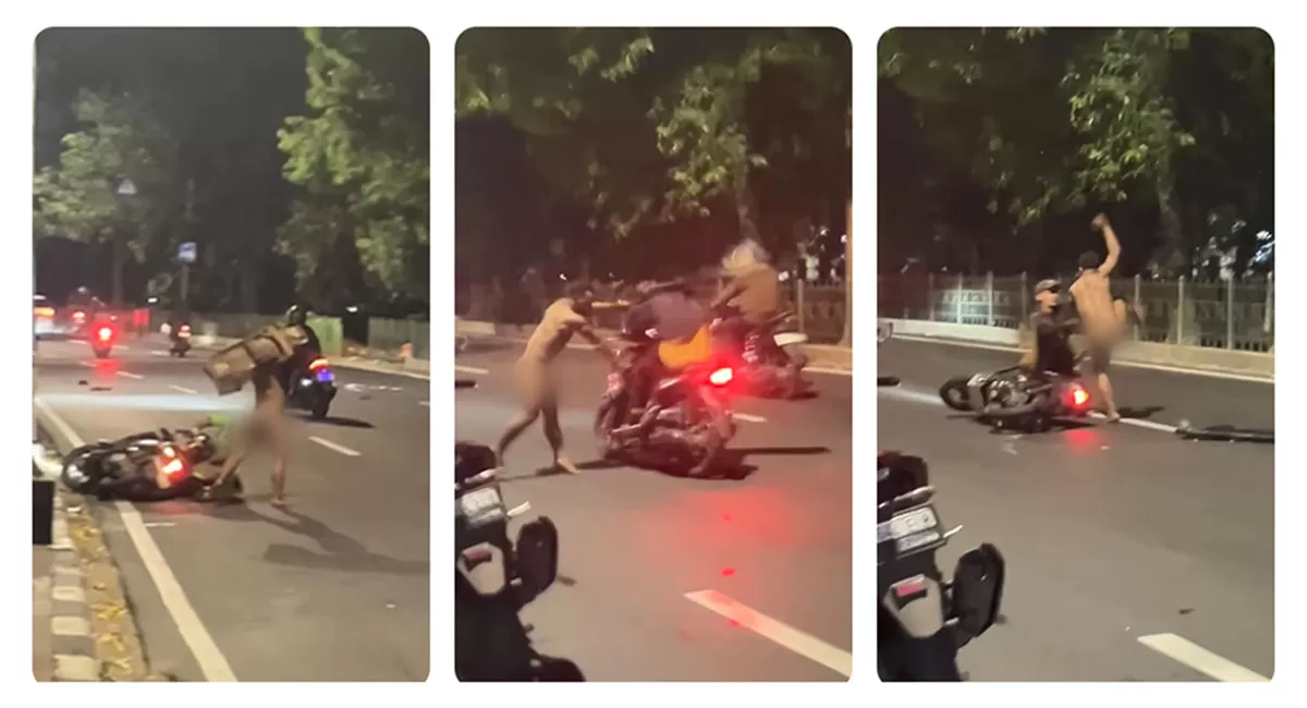 Pria tanpa busana menyerang pemotor di Lenteng Agung, Jakarta Selatan. Dua pengendara menjadi korban sebelum pria tersebut diamankan polisi. (Instgaram/bimoo_saktii)