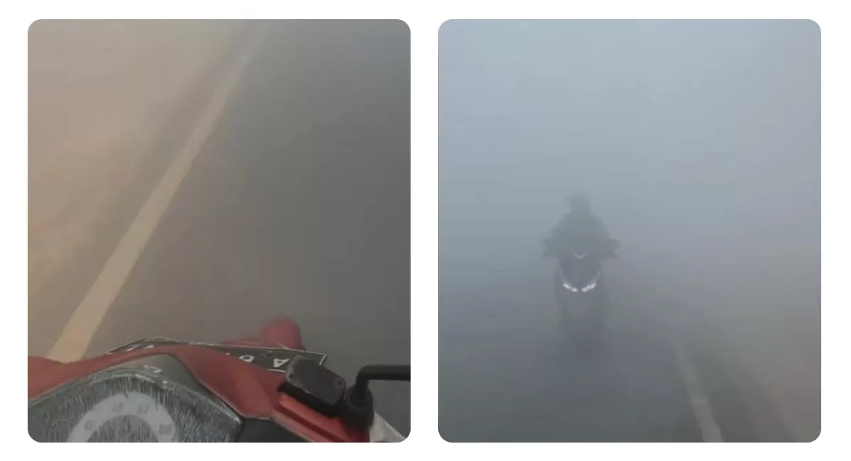 Kabut asap karhutla di Kalsel membuat jarak pandang pengendara sangat terbatas. Warga pun saling membunyikan klakson untuk menghindari kecelakaan. (TikTok/bloperr)
