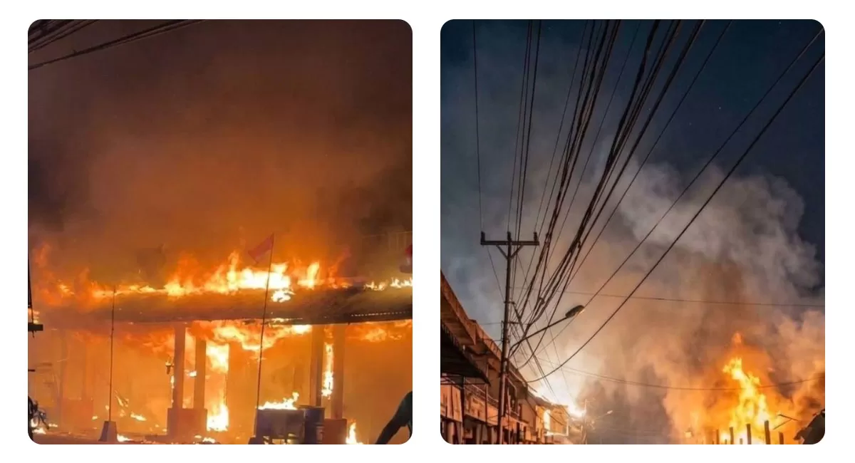Kebakaran Sungai Duri menghanguskan 50 ruko di Pasar Sungai Duri. Kebakaran berdampak pada 39 KK dengan kerugian ditaksir Rp70 miliar. (Threads/@su.siu.501)