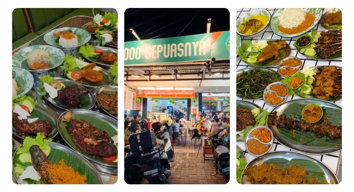 Pecel Ayang Bebeb Bogor punya beragam lauk menarik, dari lele goreng hingga sate kulit jumbo bakar sambal matah. Nasi dan kremesan gratis tambah. (Instagram/pecelayangbebeb)