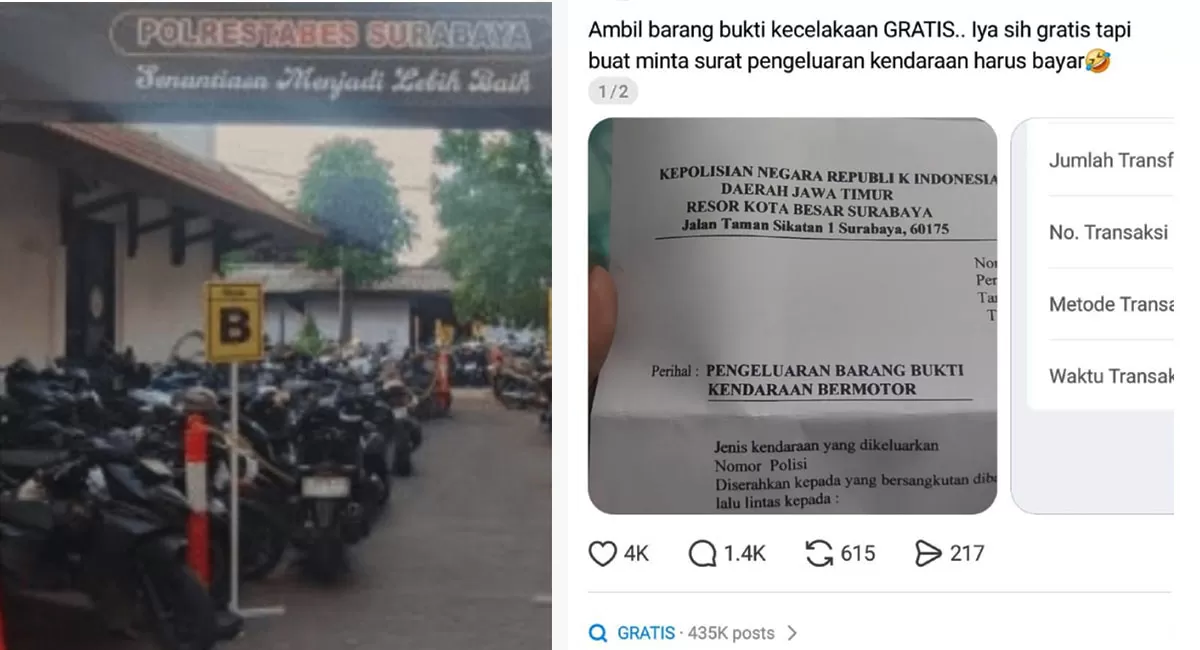 Viral dugaan pungli di Polrestabes Surabaya. Warga mengaku diminta Rp1 juta untuk surat pengeluaran motor barang bukti kecelakaan. (Threads/tasyamarella96 - Dok. Polrestabes Surabaya)