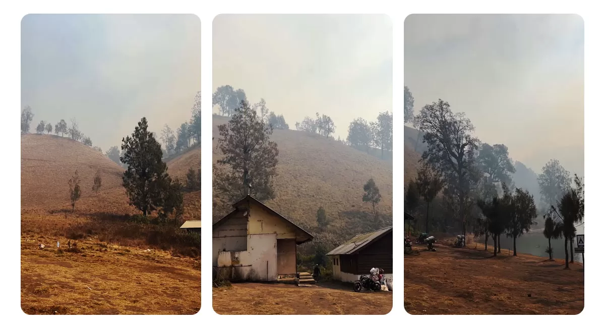 Karhutla Gunung Semeru membuat Ranu Kumbolo diselimuti asap tebal. Guide dan relawan berjaga serta membuat sekat bakar agar api tak mendekati shelter. (Instgaram/ari_kouteng)