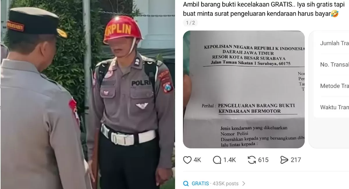 Pungli Polisi Surabaya viral setelah warga diminta Rp1 juta saat mengurus motor barang bukti. Kapolrestabes Surabaya menjatuhkan sanksi demosi. ((Threads/tasyamarcella96 - Instagram/luthfie.daily))