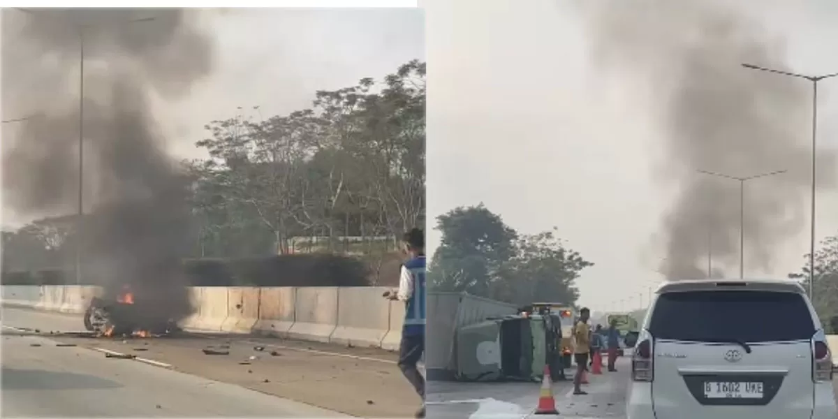 Kecelakaan Tol Serpong-Cinere melibatkan Subaru dan truk. Subaru terbakar setelah menabrak beton, dua pengemudi dilarikan ke rumah sakit. (Instagram.com/@seputartangsel)