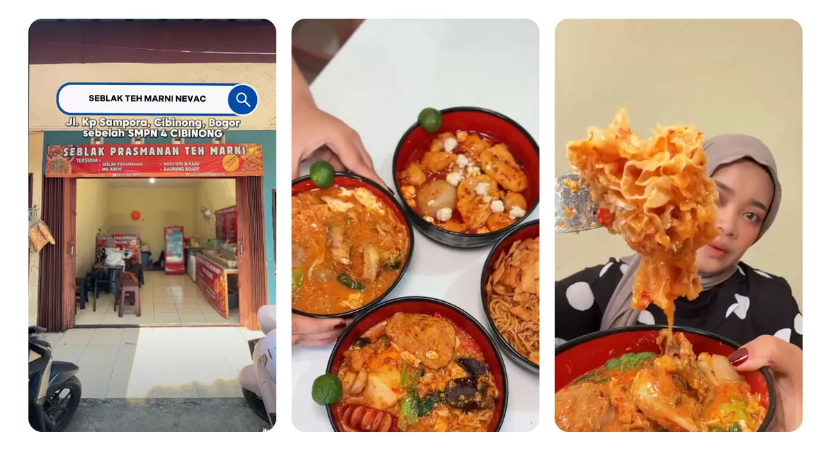 Seblak Teh Marni Nevac bisa jadi pilihan wisata kuliner saat berada di Cibinong, Bogor. Kuah kencurnya pedas, toppingnya lengkap, dan rasanya sempat direview food vlogger Bilqis.   (Instagram/balqisptrrrr)