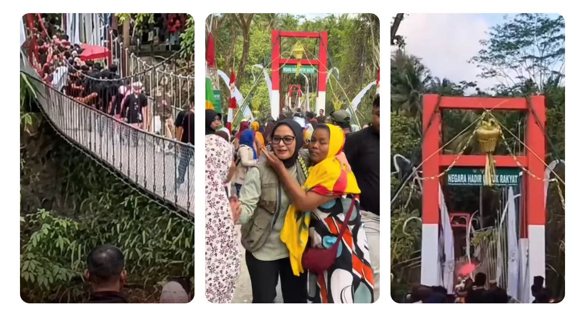 Jembatan Gantung Pongpet di Desa Margacinta, Pangandaran ambruk saat baru saja diresmikan. Bupati selamat, sekitar 50 orang terjatuh secara bersamaan. (Instagram/infobogoronline)
