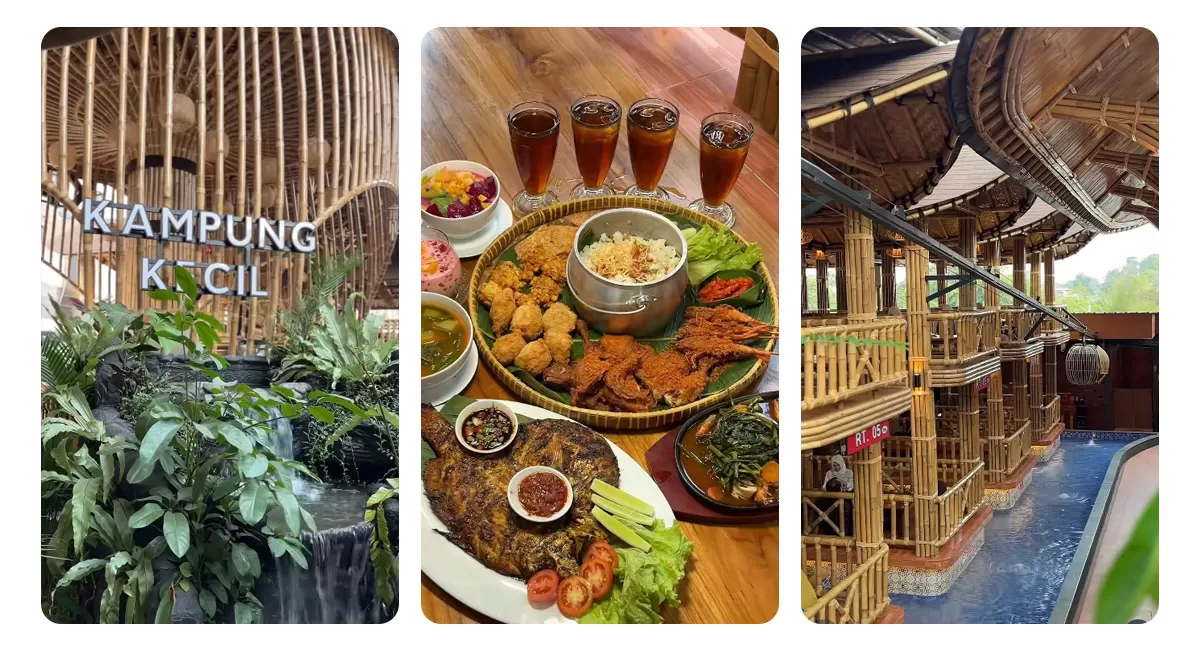 Kampung Kecil Jakarta menawarkan suasana restoran bernuansa bambu dengan paket liwet berempat Rp352 ribu, menu Nusantara, kolam, dan playground. (Instagram/kampungkecil_official)
