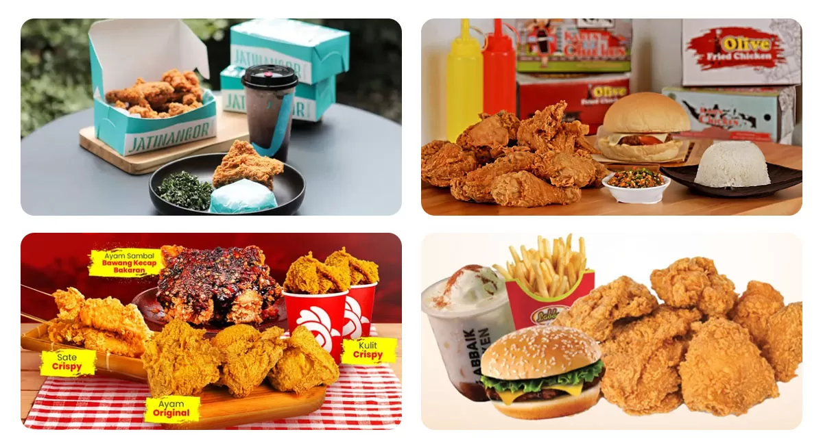 Fried chicken lokal Indonesia tak kalah menarik. Ada Jatinangor House, Olive Fried Chicken, DKriuk, hingga Labbaik Chicken dengan rasa khas. (Instagram/jatinangorhouse - olivefriedchicken.kak - dkriukchicken - labbaikchicken)