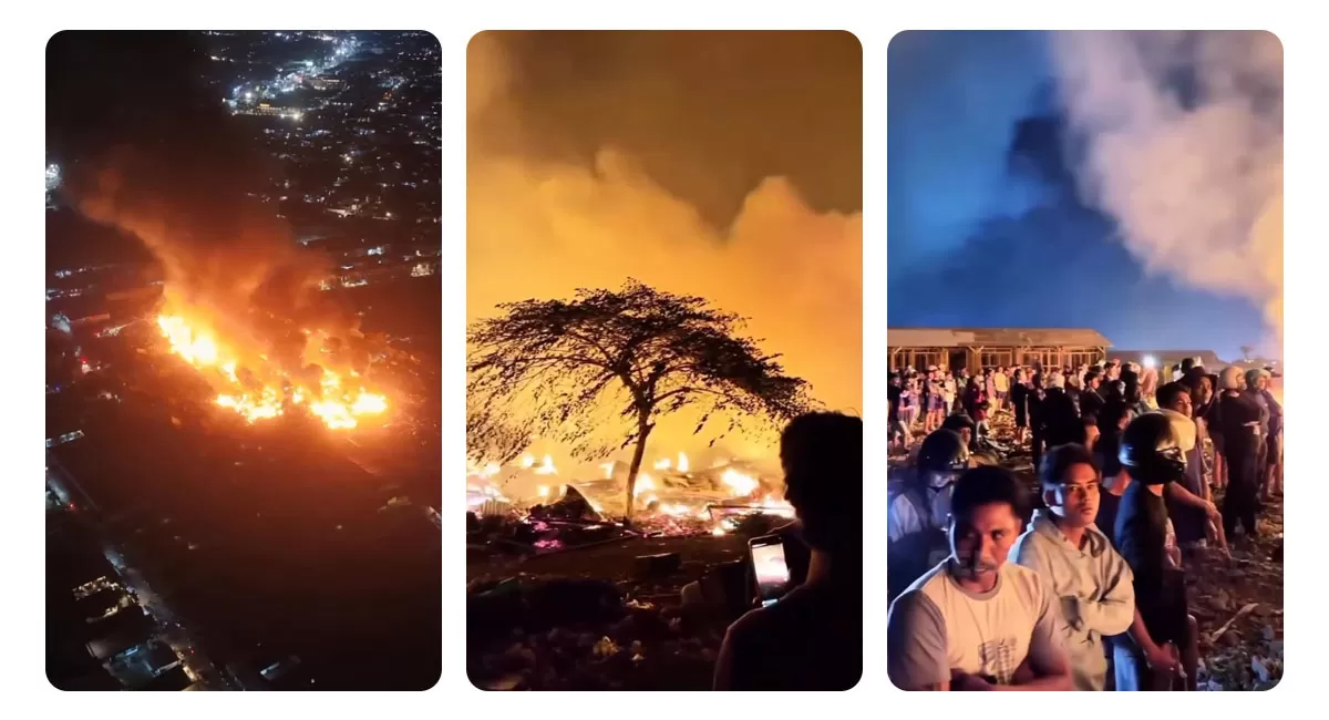 Kebakaran Legian Bali membakar bedeng dan gudang rongsokan di Jalan Sunset Road. Damkar Badung mengerahkan 10 unit untuk menangani api hingga pagi. (Instagram.com/tipisemilir.official)