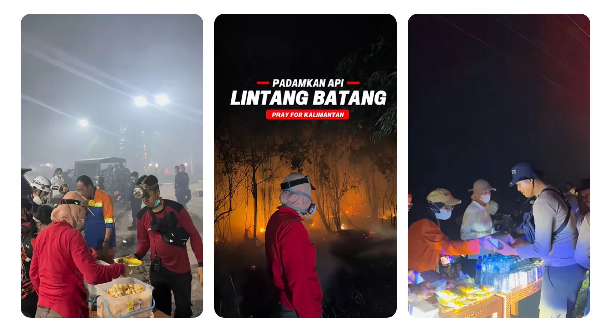 Karhutla Lintang Batang membuat pemadam kebakaran berjibaku hingga subuh. Warga membuka posko makan gratis di SPBU untuk menjaga energi petugas.   (Instagram/rita_bersamakalian)