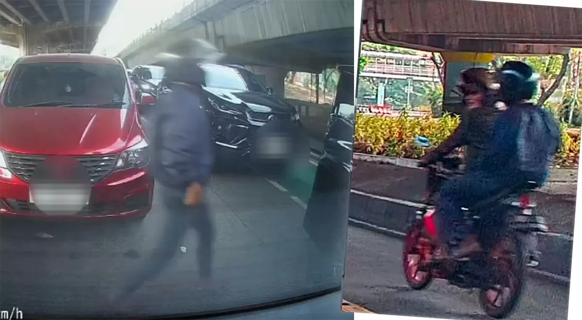 Jambret rampas HP saat mobil berhenti di Kelapa Gading. Aksi dua pelaku terekam dashcam dan kini didalami polisi melalui CCTV. (Threads/aftrsv7n)