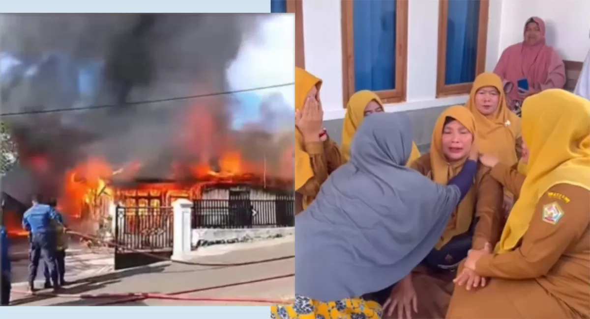 Suryati, guru SDN 1 Bebesen menangis setelah rumah terbakar di Aceh Tengah. Api diduga bermula dari dapur dan merembet ke rumah tetangga pada Selasa,&nbsp;1&nbsp;September 2026. (Instagram.com/@kebergayo)