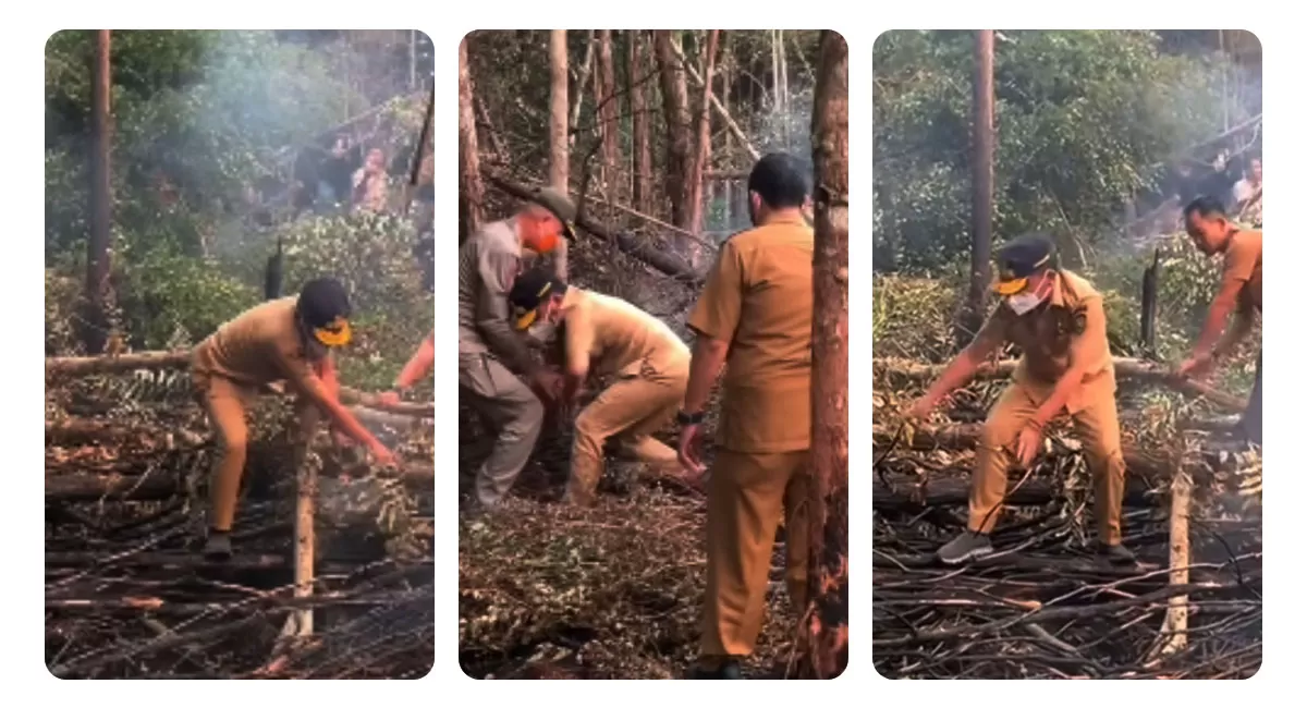 Gubernur Kalteng Agustiar Sabran turun langsung ke lokasi karhutla di Palangka Raya. Medan sulit membuatnya sempat kehilangan keseimbangan. (Instagram.com/@undercover.id)