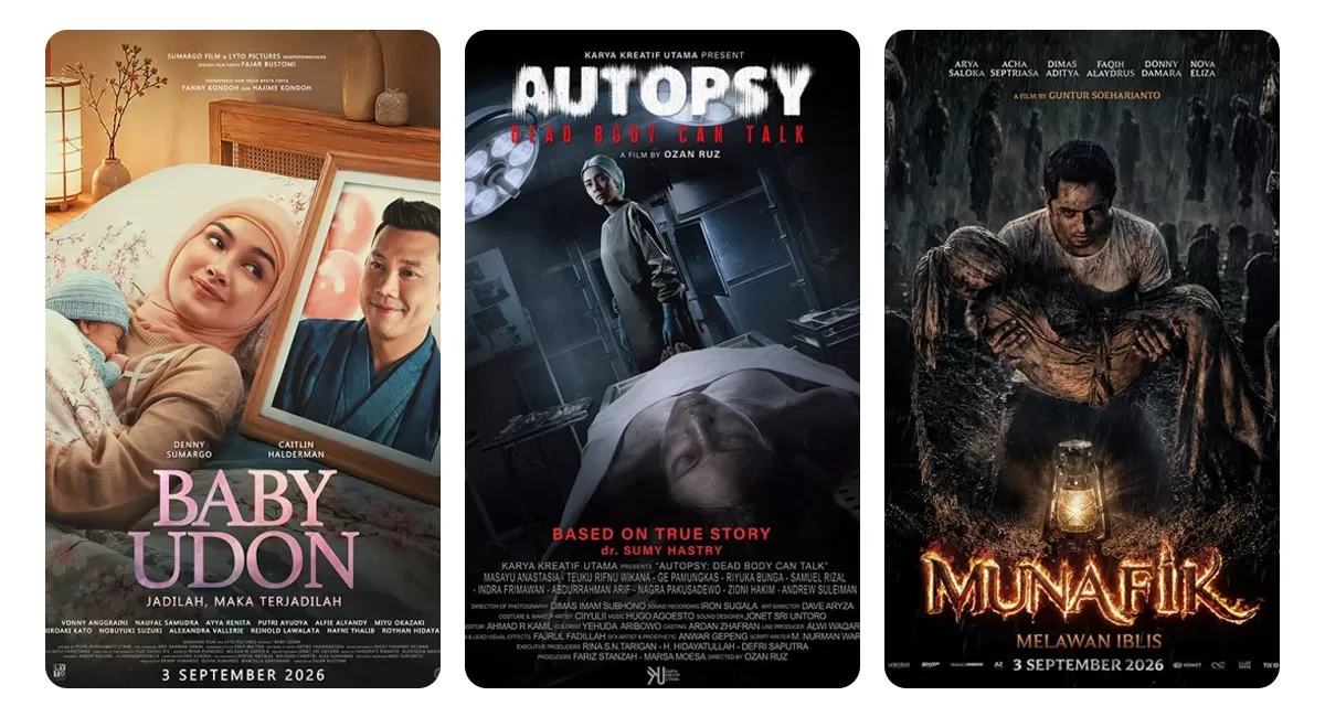 Jadwal bioskop Tasik XXI Plaza Asia malam ini menghadirkan film baru Baby Udon, Autopsy Dead Body Can Talk, dan&nbsp;MUNAFIK: Melawan Iblis. (Dok. Cinema21)