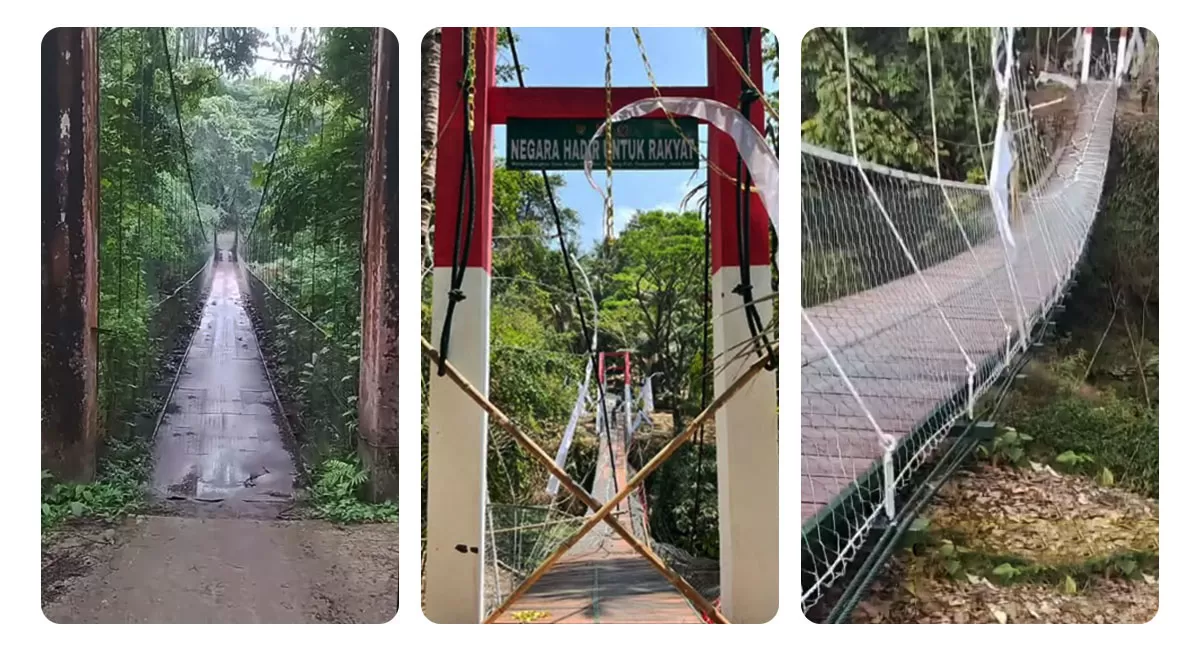 Jembatan Margacinta Pangandaran yang ambruk sesaat setelah diresmikan akan diganti bangunan permanen oleh Pemprov Jabar pada 2027. (Instagram/citrapitriyami1207)