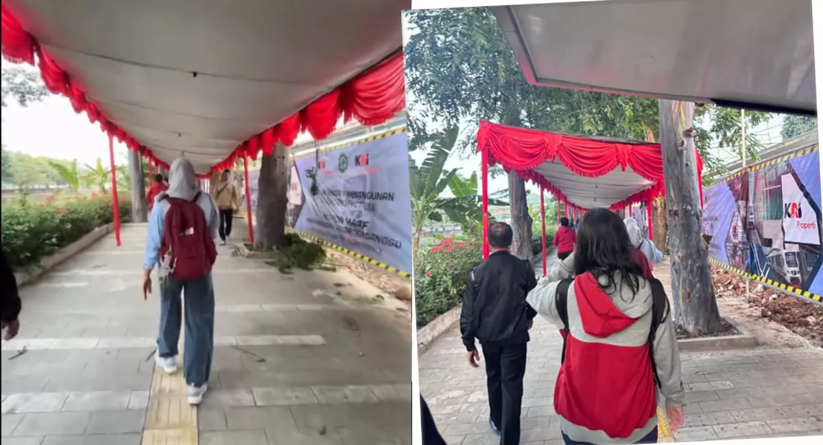 Penutupan Stasiun Karet membuat pengguna harus berjalan lebih jauh ke BNI City. Tenda di selasar dipasang untuk menunjang kenyamanan penumpang. (Threads/@eraanggreani_)