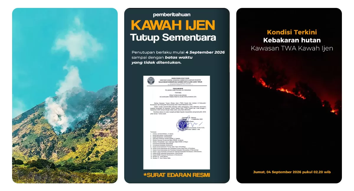 Api karhutla merambat ke jalur pendakian Kawah Ijen. TWA Kawah Ijen ditutup mulai 4 September 2026 karena pemadaman masih berlangsung. (Instagram/kawahijenindonesia)