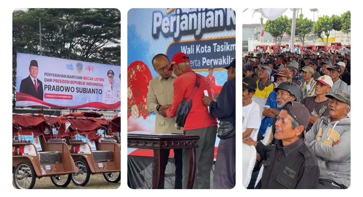 Sebanyak 220 becak listrik bantuan Presiden RI diserahkan kepada penarik becak lansia di Kota Tasikmalaya. Penyerahan dilakukan simbolis oleh Wali Kota Viman Alfarizi Ramadhan, Selasa (8/9/2026). (Dok. AMS)