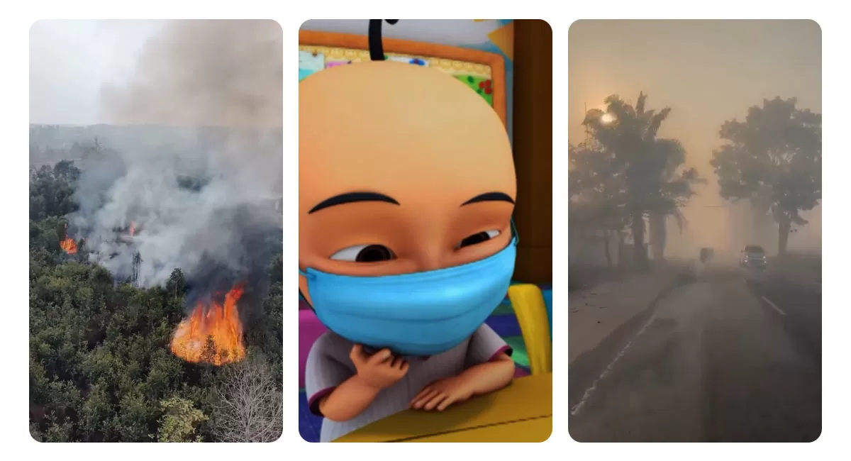 Jerebu imbas karhutla Kalimantan dan Sumatera meluas ke Malaysia. Upin dan Ipin ikut mengajak warga memakai masker dan menjaga kesehatan. (Instagram/ditsamaptapoldakalsel14 - upinipinofficial -  info.kotim)