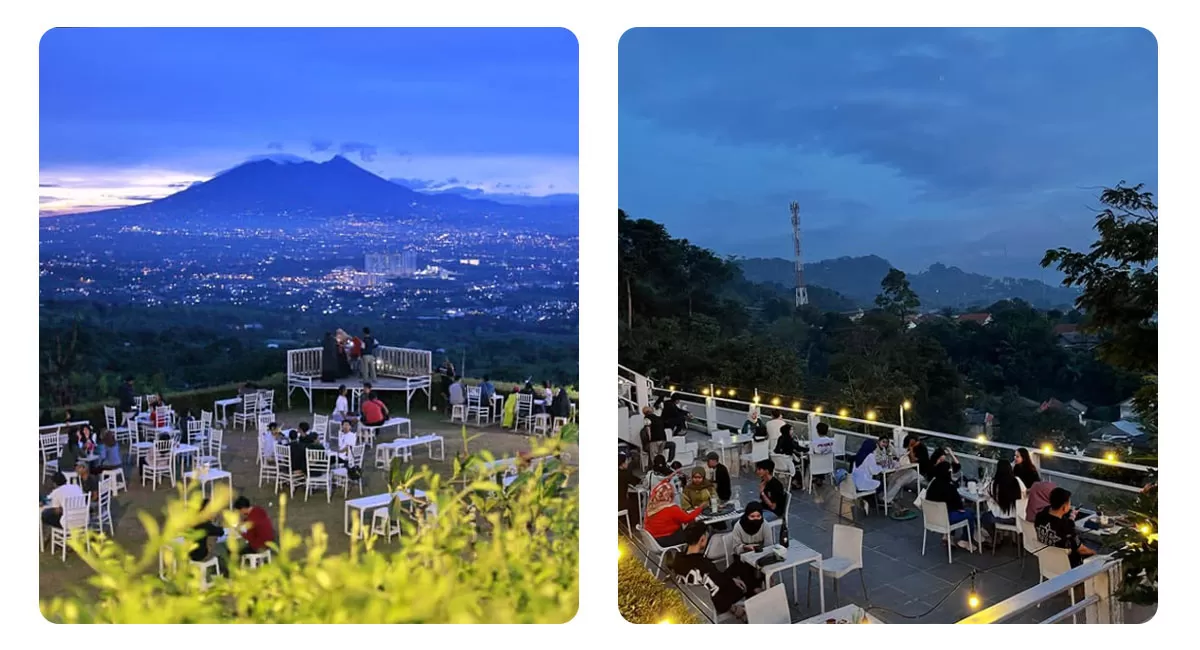 Taman Fathan Hambalang Bogor menghadirkan panorama Gunung Gede, Pangrango, dan Salak, lengkap dengan hamparan lembah hijau serta lampu kota.   (Instagram/tamanfathan_hambalang)