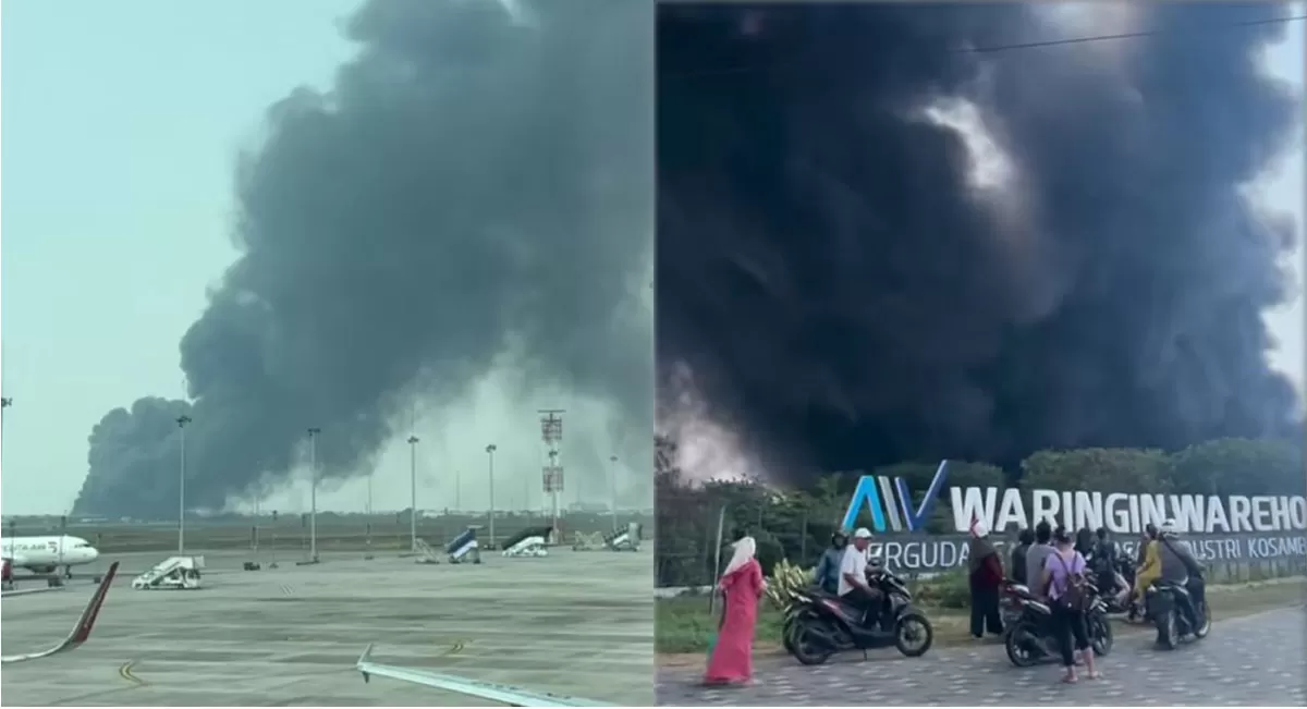 Kebakaran pabrik lampu di Tangerang membakar tiga blok gudang. Asap hitam terlihat hingga Bandara Soetta, Rabu 16 September 2026. (Threads/raww676 - ferrychristiann)