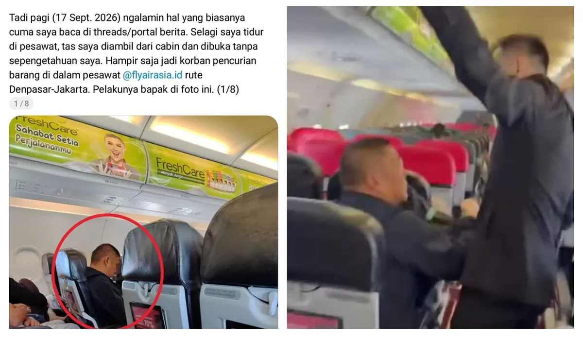Dugaan pencurian di pesawat Air Asia viral setelah seorang WNA disebut membuka tas penumpang lain saat penerbangan rute Denpasar-Jakarta. (Threads/jaeey_8)