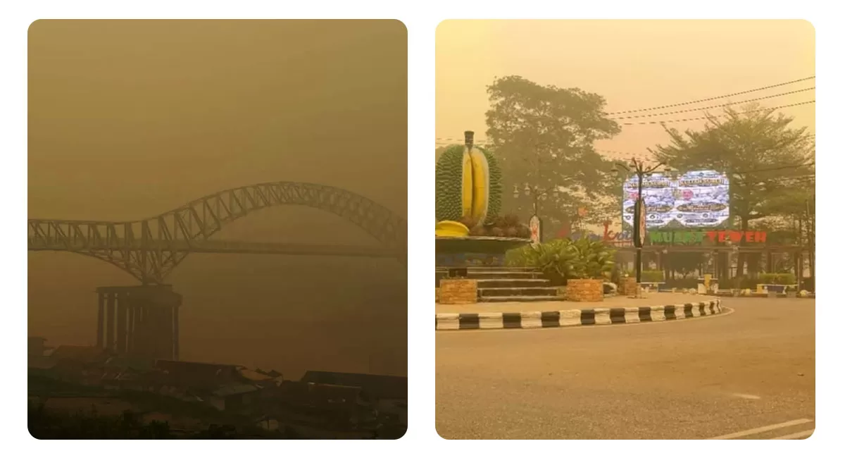 Langit kuning akibat kabut asap karhutla menyelimuti Barito Utara, Kalimantan Tengah. Warga mengeluhkan aktivitas dan mata yang perih. (Threads/naomy_ummuhanan - bagusprakasaa)