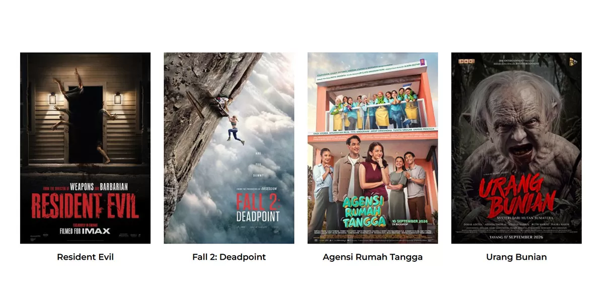 Jadwal bioskop Tasik Minggu 20 September 2026 di XXI Plaza Asia dan Transmart menghadirkan Urang Bunian, Resident Evil dan Agensi Rumah Tangga. (Dok. Cinema21)