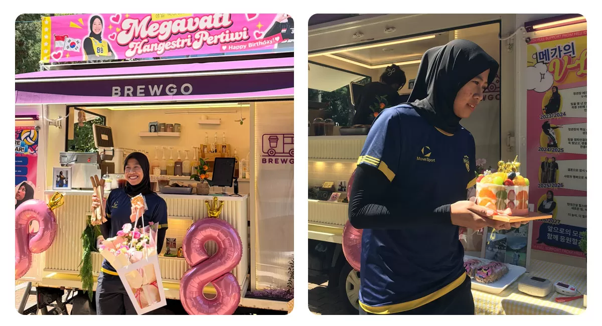 Ulang tahun ke-27 Megawati Hangestri di Korea Selatan dirayakan Hyundai Hillstate dengan food truck pink dan kedatangan sahabat lamanya.  Keyword utama: (Instagram/sieun1130)