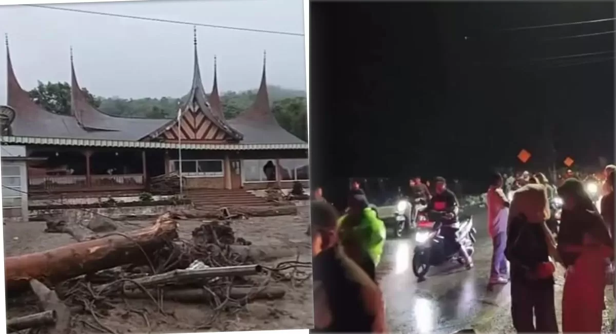Banjir bandang Solok menerjang Arosuka pada Senin malam. Lumpur, batu dan kayu menutup jalan serta merusak sejumlah fasilitas di kawasan kantor bupati. (Instagram/azirsky - desrizaekaputri)