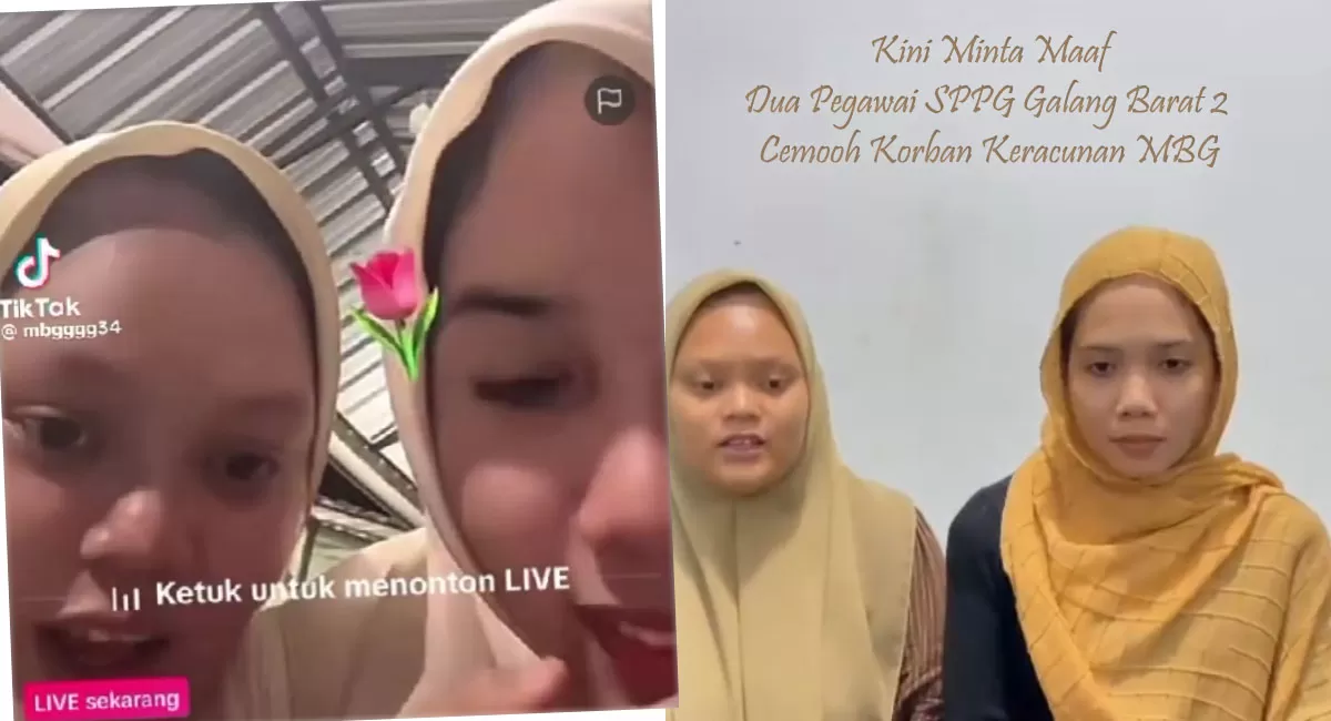 Dua pegawai SPPG Galang Barat 2 viral usai cemooh korban keracunan MBG. Keduanya kini menyampaikan klarifikasi dan permintaan maaf. (Threads/yaraaaaraa/Tiktok/sppg.galang.barat)