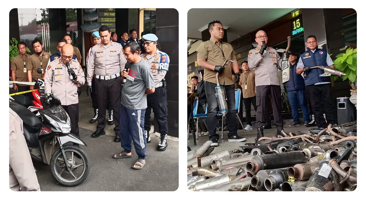 Kapolres Tasikmalaya Kota AKBP Andik Eko Siswanto memperlihatkan sejumlah barang bukti kendaraan roda dua dan knalpot brong yang berhasil diamankan, disampaikan saat press release di Mapolres Tasikmalaya Kota, Rabu, 30 September 2026. (Dok. AMS)