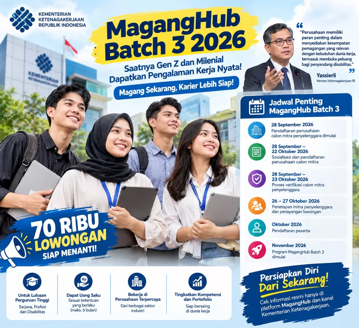 MagangHub Batch 3 kembali hadir dengan 70 ribu lowongan magang bagi fresh graduate. Pendaftaran peserta segera dibuka Kemnaker. (Ilustrasi by AI)