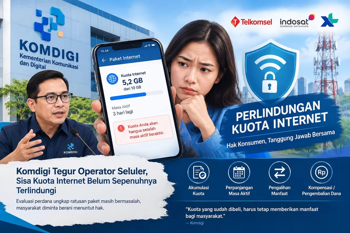 Komdigi menemukan perlindungan sisa kuota internet belum optimal. Ratusan paket operator masih mengandalkan notifikasi, bukan mekanisme perlindungan nyata bagi konsumen. (Ilustrasi by Ai)