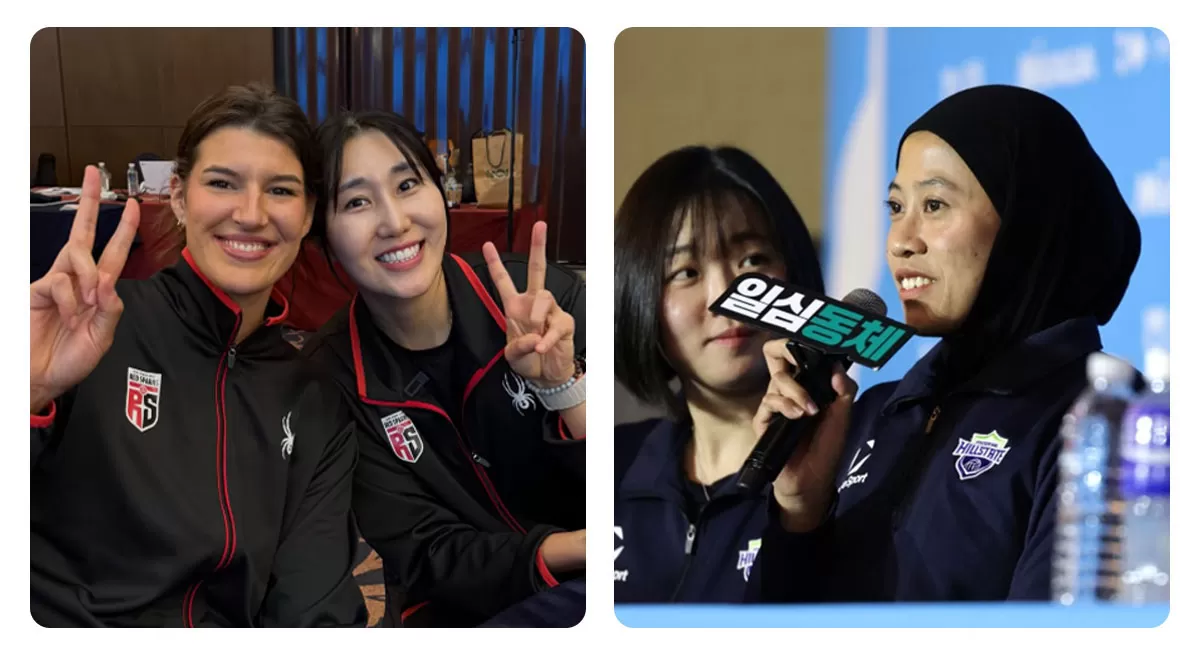 Megawati Hangestri dari Hyundai Hillstate dan Vanja Bukilic dari Red Sparks bertemu dalam Media Day Liga Voli Korea di Seoul, 7 Oktober 2026. (Instagram/kovopr)