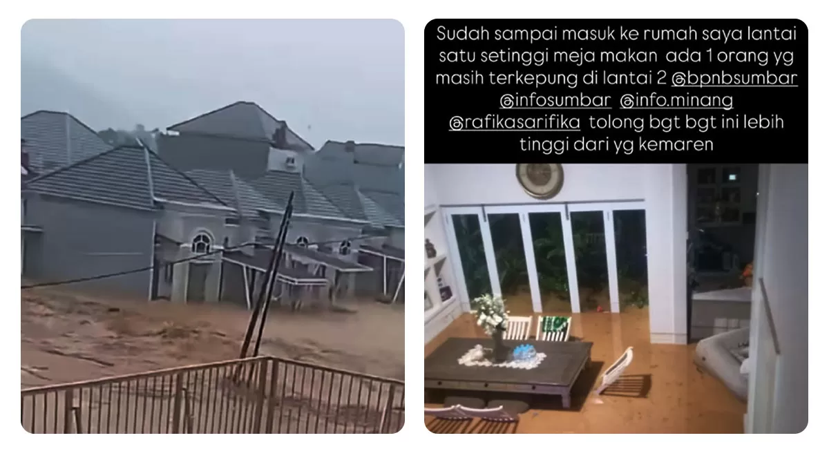Banjir bandang Padang menerjang Lumin Park pada Sabtu (10/10/2026). Air merendam rumah hingga lantai satu dan merobohkan pagar kompleks. (Instagram/dr.ginaseptivani)