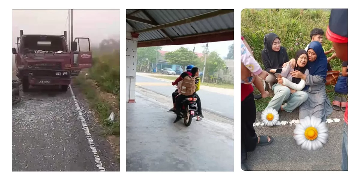 Tangkapan layar unggahan di Threads yang memperlihatkan informasi lokasi kecelakaan di Pontian, Malaysia, serta reaksi warganet atas meninggalnya tiga kakak beradik.  (Threads)