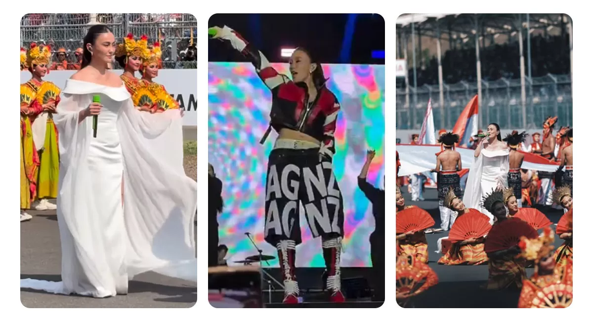 Agnez Mo tampil dengan dua gaya berbeda di MotoGP Mandalika 2026, dari gaun putih anggun saat opening ceremony hingga biker look saat penutupan. (Instagram/itdc_d - X/JangsteNew)