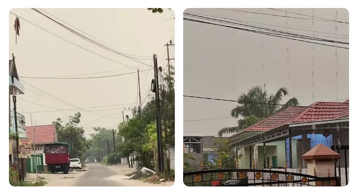 Warga Palangka Raya menyambut hujan yang turun di tengah kabut asap karhutla. Dinkes menyiagakan 11 puskesmas untuk melayani warga terdampak. (Threads/amjhad8-vurafiori)