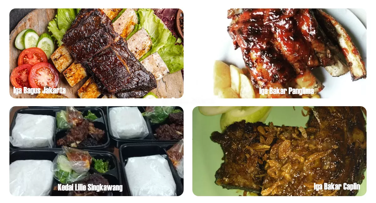 Tempat Makan iga bakar di Jakarta punya racikan khas, mulai dari iga empuk berbumbu pekat, porsi jumbo 1 kilogram, hingga saus barbeque.   (Instagram/igabagusresto - igapanggangpanglima - kedaililiesingkawang - Iga Bakar Caplin)