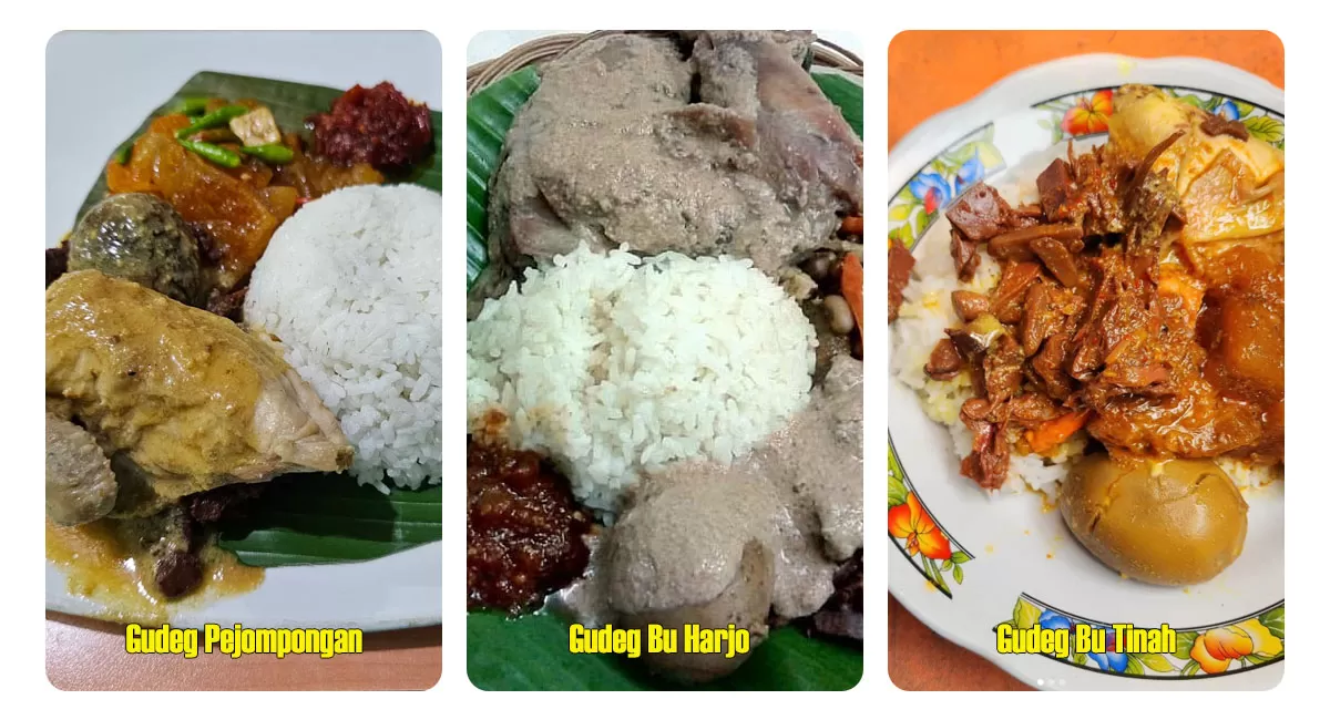 Tempat makan gudeg di Jakarta menghadirkan sajian khas Yogyakarta dengan krecek, telur, ayam opor, dan lauk tradisional yang menggugah selera. (Instagram/gudegpejompongan - gudegbuharjo_cikini - gudegibutinah.id)