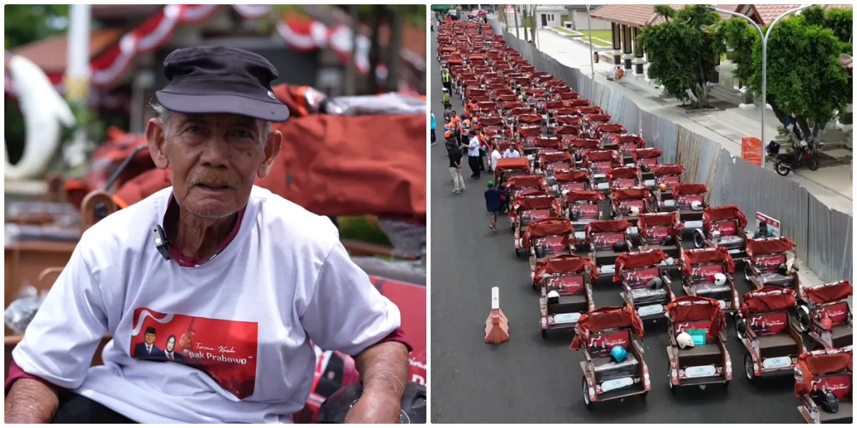 Ratusan penarik becak di Sidoarjo tersenyum sumringah usai terima bantuan becak listrik dari Presiden Prabowo Subianto. (ist)
