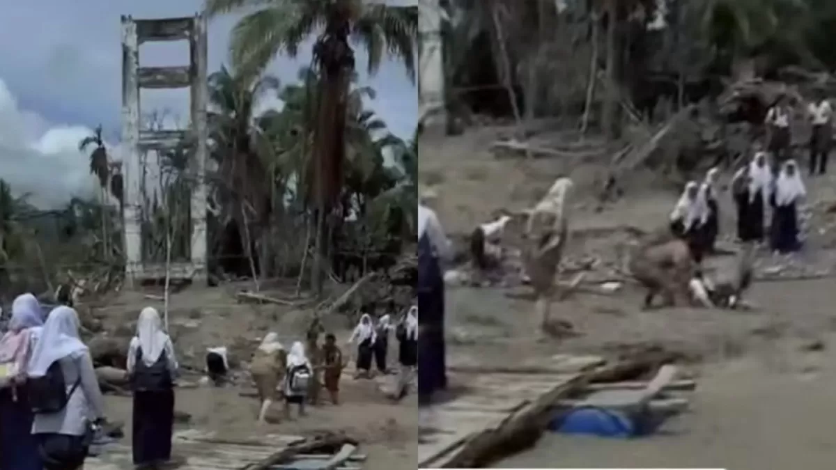 viral perjuangan guru menyebrangkan muridnya dari sungai berarus deras di Reje Payung Linge Aceh Tengah.  instagram/serta_lia_gali