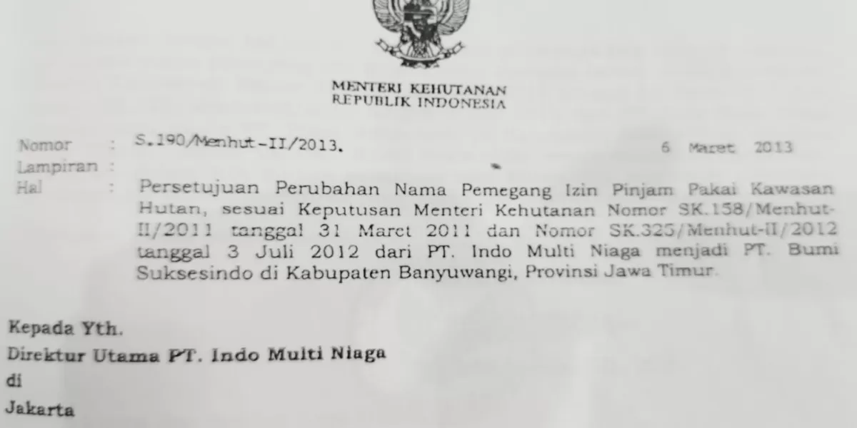 potongan lembar dokumen Menteri Kehutanan perihal persetujuan perubahan nama pemegang IPPKH dari PT IMN ke PT BSI (Kelompok pegiat anti Korupsi)