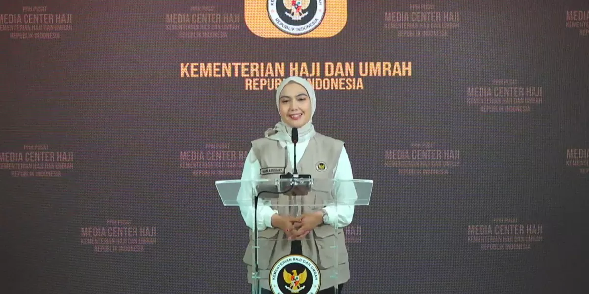 Juru Bicara Kementerian Haji dan Umrah, Maria Assegaf, dalam konferensi pers di Jakarta (Promedia Teknologi Indonesia)